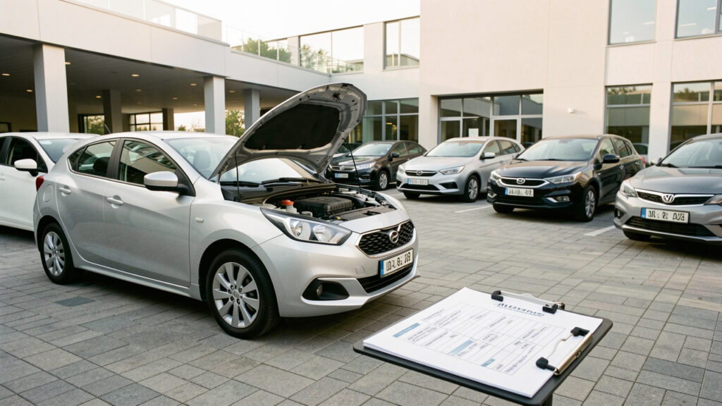 Cour d’une concession automobile présentant plusieurs voitures d’occasion bien entretenues, avec une voiture argentée inspectée sous une lumière matinale douce.