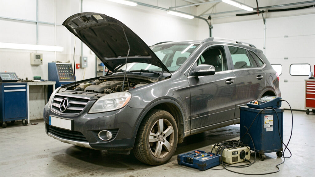SUV compact d’occasion gris foncé inspecté dans un atelier automobile, avec pneus usés et composants moteur vieillissants visibles.