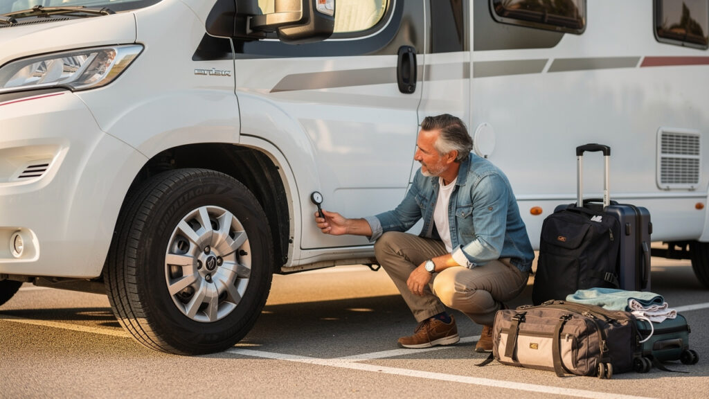 Un homme vérifie la pression d’un pneu d’un camping-car blanc stationné sur une aire de préparation avant un départ en vacances.