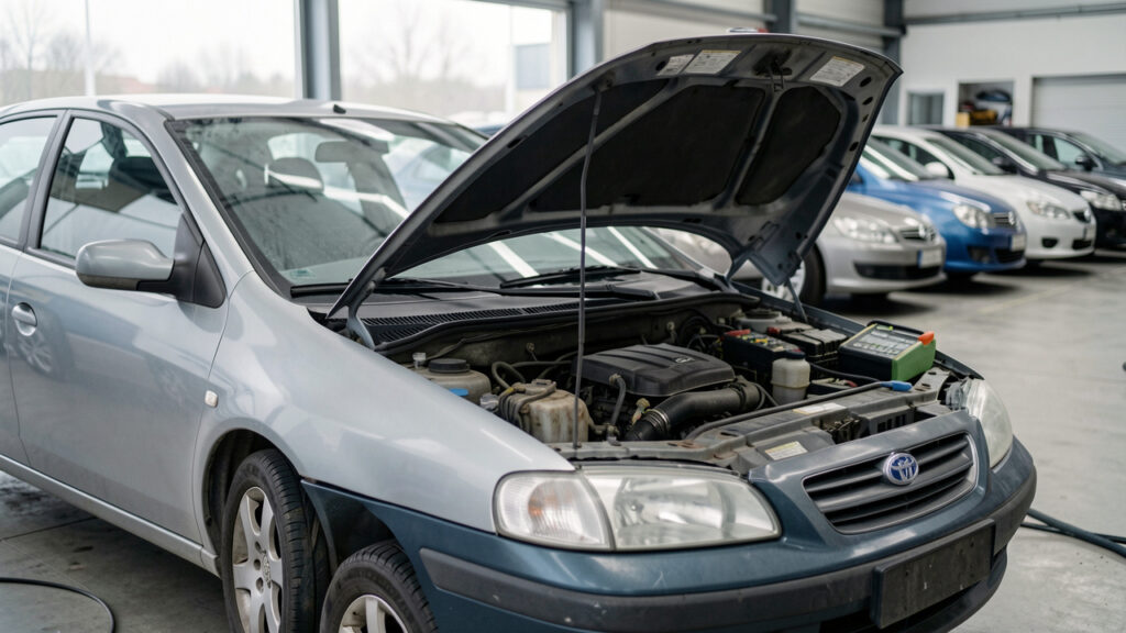 Voiture compacte d’occasion examinée dans un atelier automobile avant l’achat, capot ouvert et éléments mécaniques visibles.