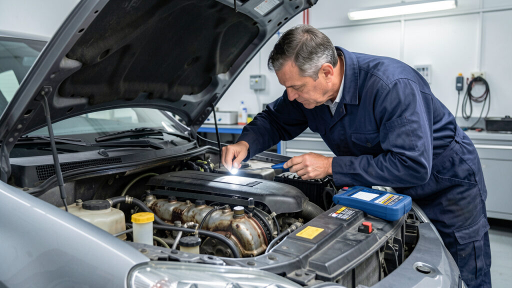Un mécanicien examine attentivement le moteur d'une voiture compacte d'occasion dans un atelier.