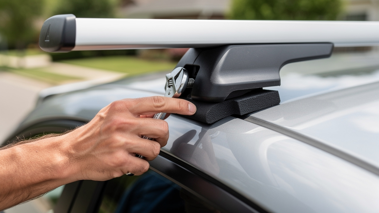 Gros plan réaliste montrant une main d’homme fixant une barre de toit en aluminium sur l’encadrement de porte d’un crossover compact avec une clé de serrage et un patin de protection visible.