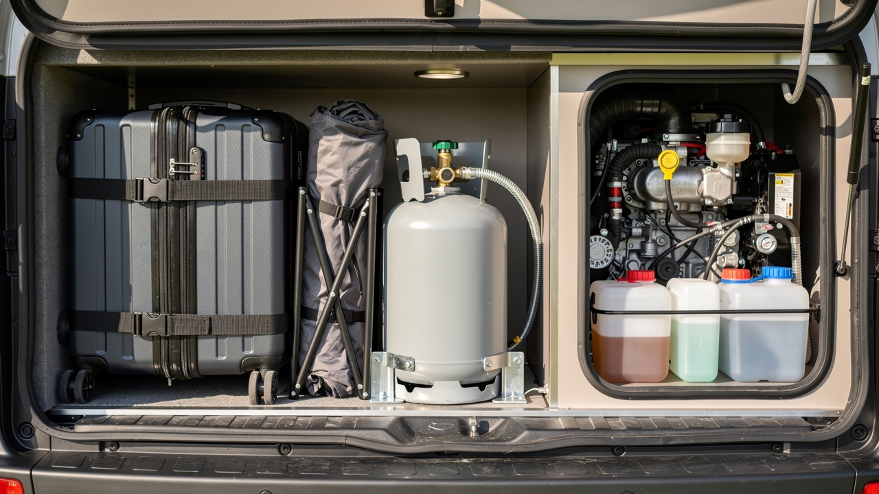 Vue documentaire d’une soute de camping-car bien rangée, avec des bagages arrimés, une bouteille de gaz sécurisée et un compartiment moteur propre permettant de contrôler les niveaux.