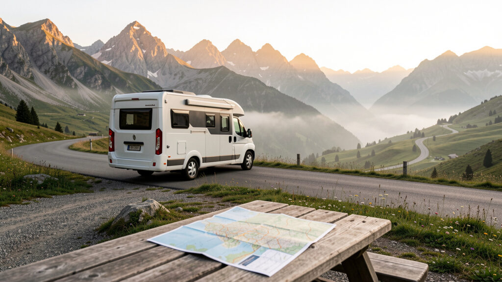 Camping-car stationné près d’une route panoramique, avec une carte pliée sur une table en bois devant un paysage montagneux baigné par la lumière dorée du lever du soleil.