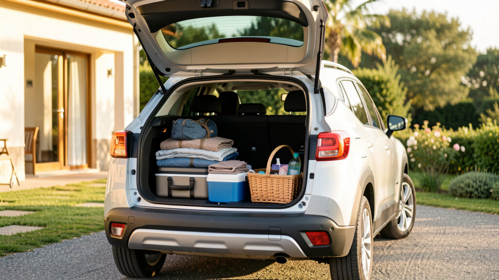 SUV compacte chargée pour les vacances, avec un coffre bien organisé, des valises et plusieurs accessoires de voyage visibles.