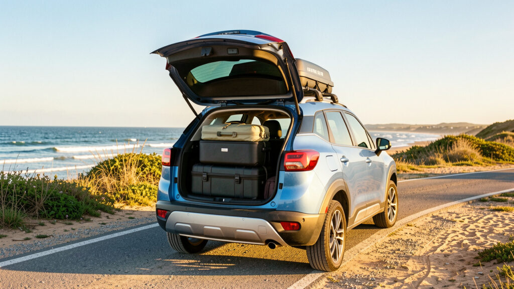 SUV compacte chargée pour les vacances d’été, avec des bagages bien organisés et un équipement de transport près d’une route côtière ensoleillée.