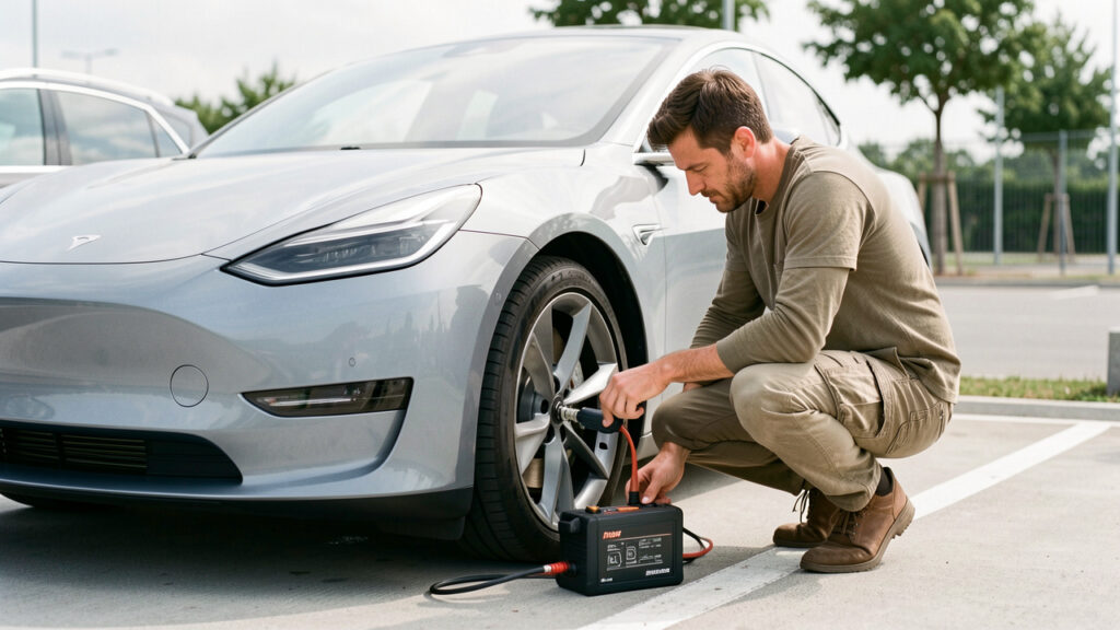 Voiture électrique moderne stationnée sur un parking, avec un homme vérifiant la pression d’un pneu à l’aide d’un petit compresseur portable.