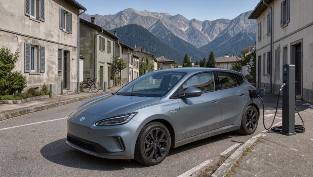 Voiture électrique compacte en recharge sur une borne dans une rue de Chambéry, avec les montagnes savoyardes en arrière-plan sous une lumière naturelle.